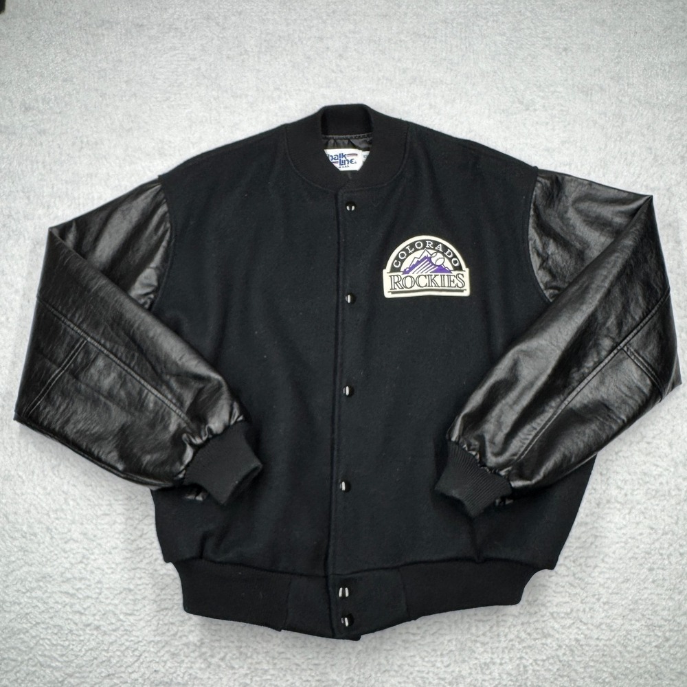 Vintage Colorado Rockies Chalk Line Snap Wool Bomber Jacket Black Men's Size XXL